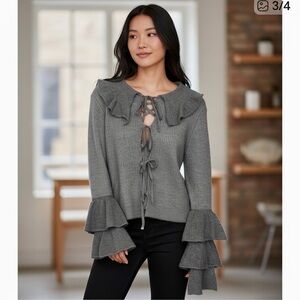 NWT Zara Ruffle Trim Tie Front Cardigan Alpaca Wool Blend Gray/Blue M